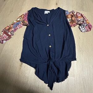 Boho Navy Top with Patterned Sleeves